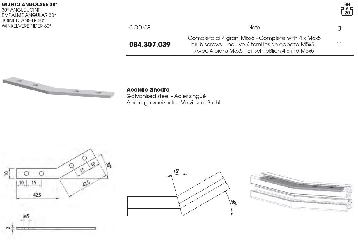 30° ANGLE JOINT Complete with 4 x M5x5 Grub Screws 6mm Slot (084.