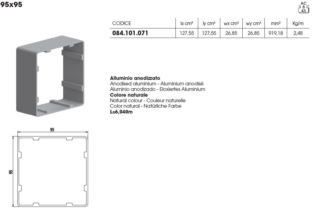 50mmx50mm Aluminium Square Box section Extrusion (084.101.071)